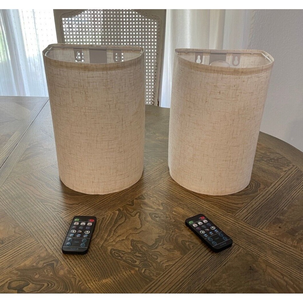 Set of 2 Wall Sconces Linen Look Beige Light Fixture Home Bedroom Remote Control